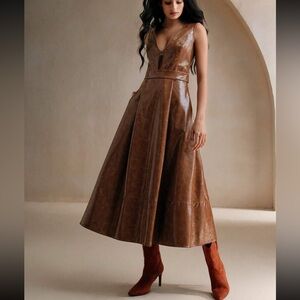 Anewsta Brown Faux Leather Midi Dress
